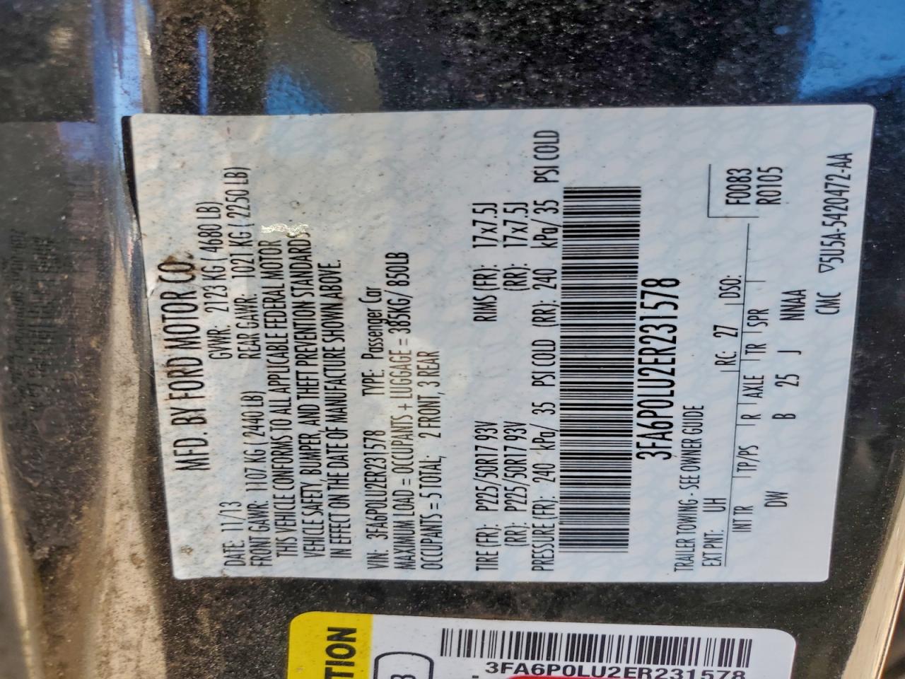 2014 Ford Fusion Se Hybrid VIN: 3FA6P0LU2ER231578 Lot: 94316555