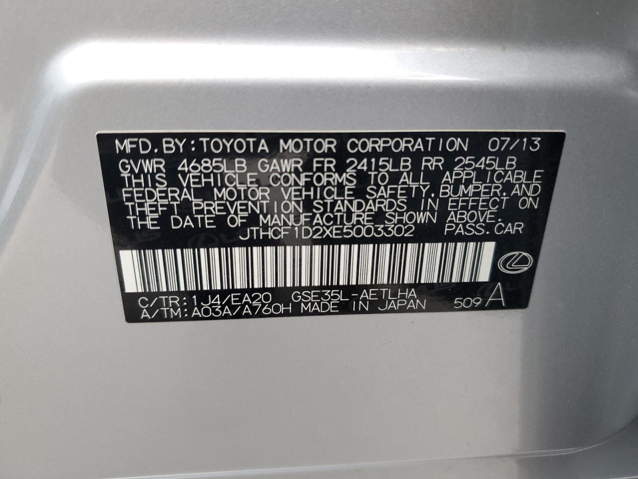 2014 Lexus Is 250 VIN: JTHCF1D2XE5003302 Lot: 92405535