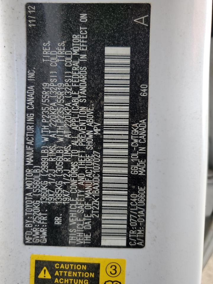 2013 Lexus Rx 350 VIN: 2T2ZK1BAXDC107027 Lot: 93376355