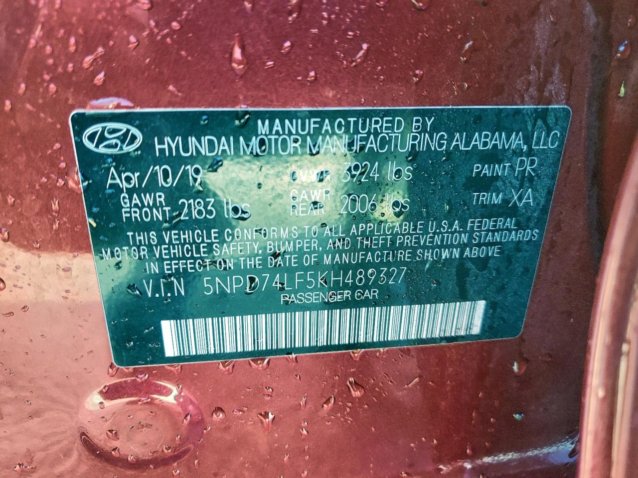 2019 Hyundai Elantra Se VIN: 5NPD74LF5KH489327 Lot: 94095995