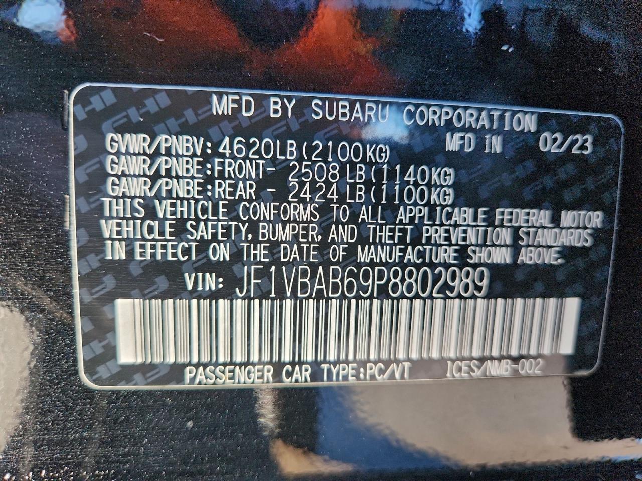 2023 Subaru Wrx VIN: JF1VBAB69P8802989 Lot: 94183155