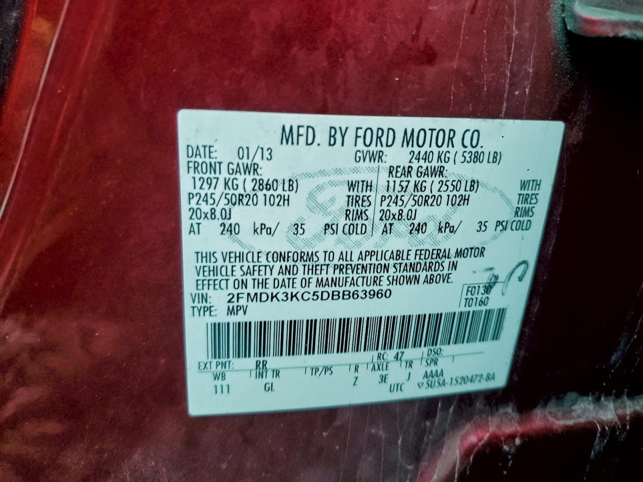 2013 Ford Edge Limited VIN: 2FMDK3KC5DBB63960 Lot: 93972205