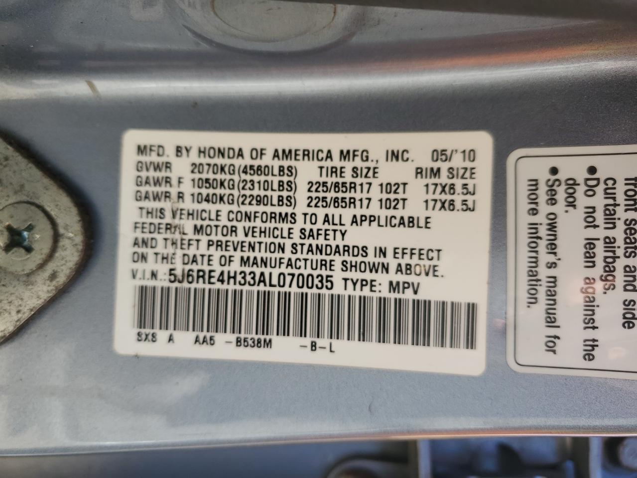 2010 Honda Cr-V Lx VIN: 5J6RE4H33AL070035 Lot: 91131525