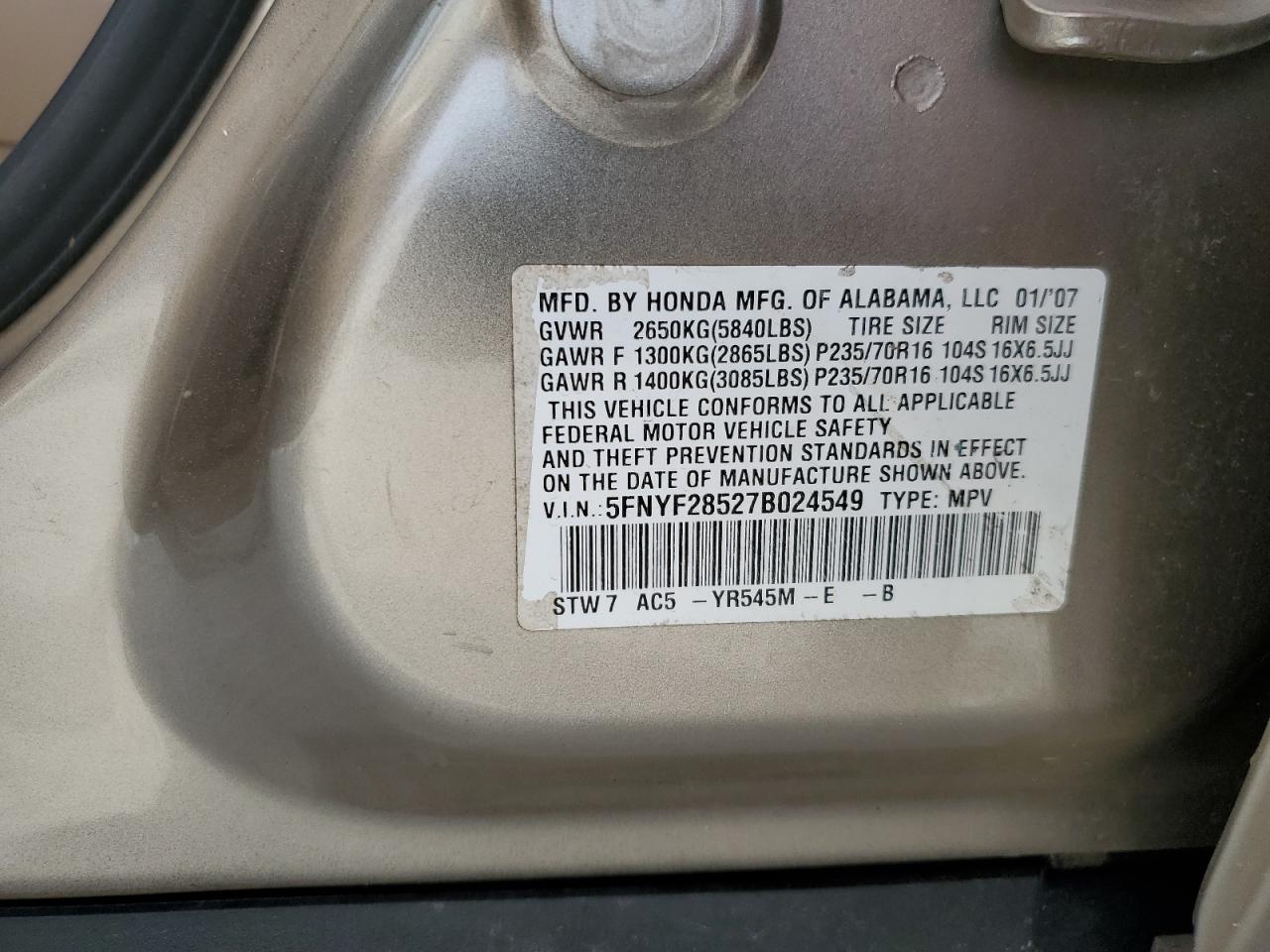 2007 Honda Pilot Exl VIN: 5FNYF28527B024549 Lot: 92328015