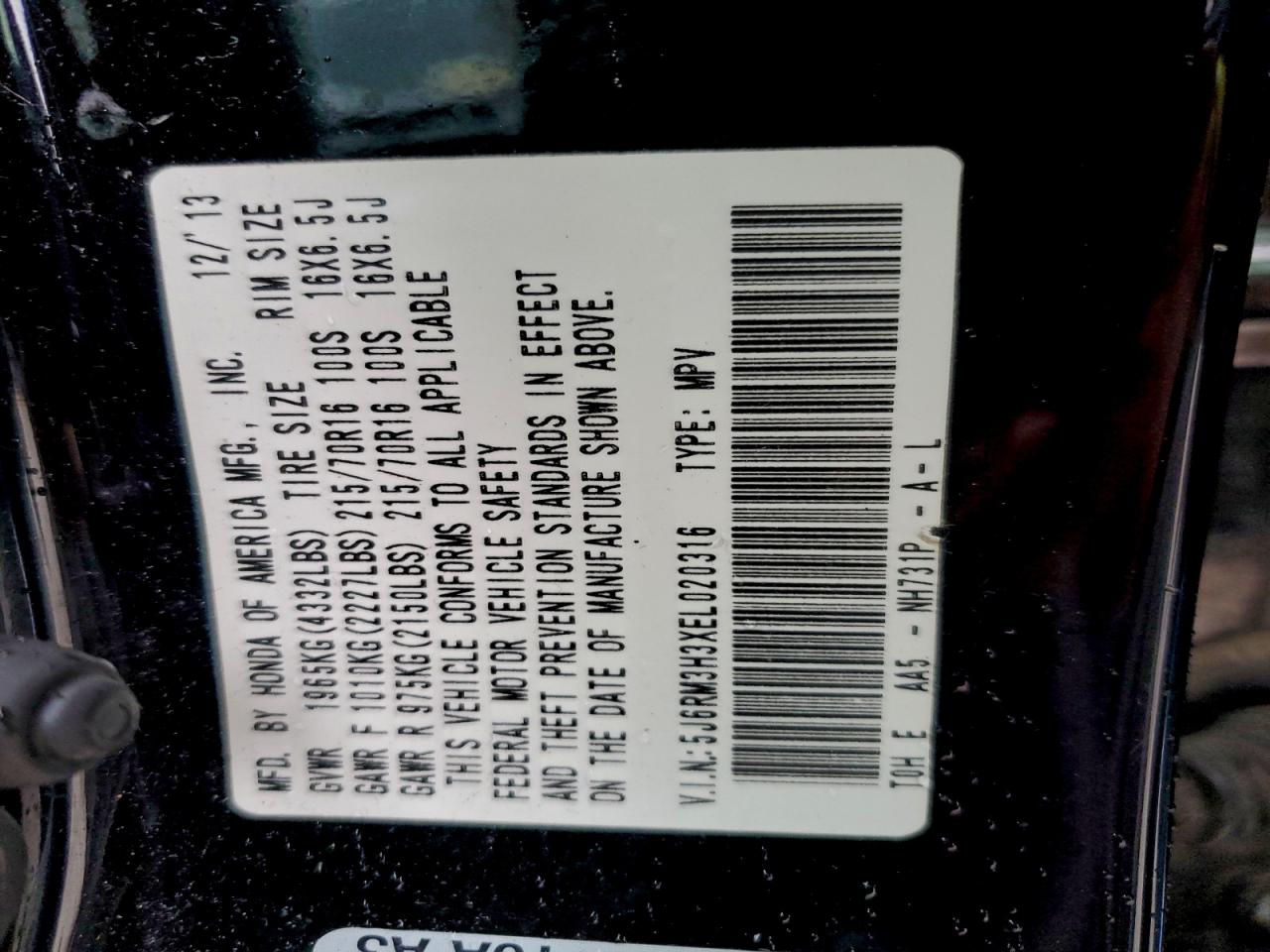 2014 Honda Cr-V Lx VIN: 5J6RM3H3XEL020316 Lot: 94147645