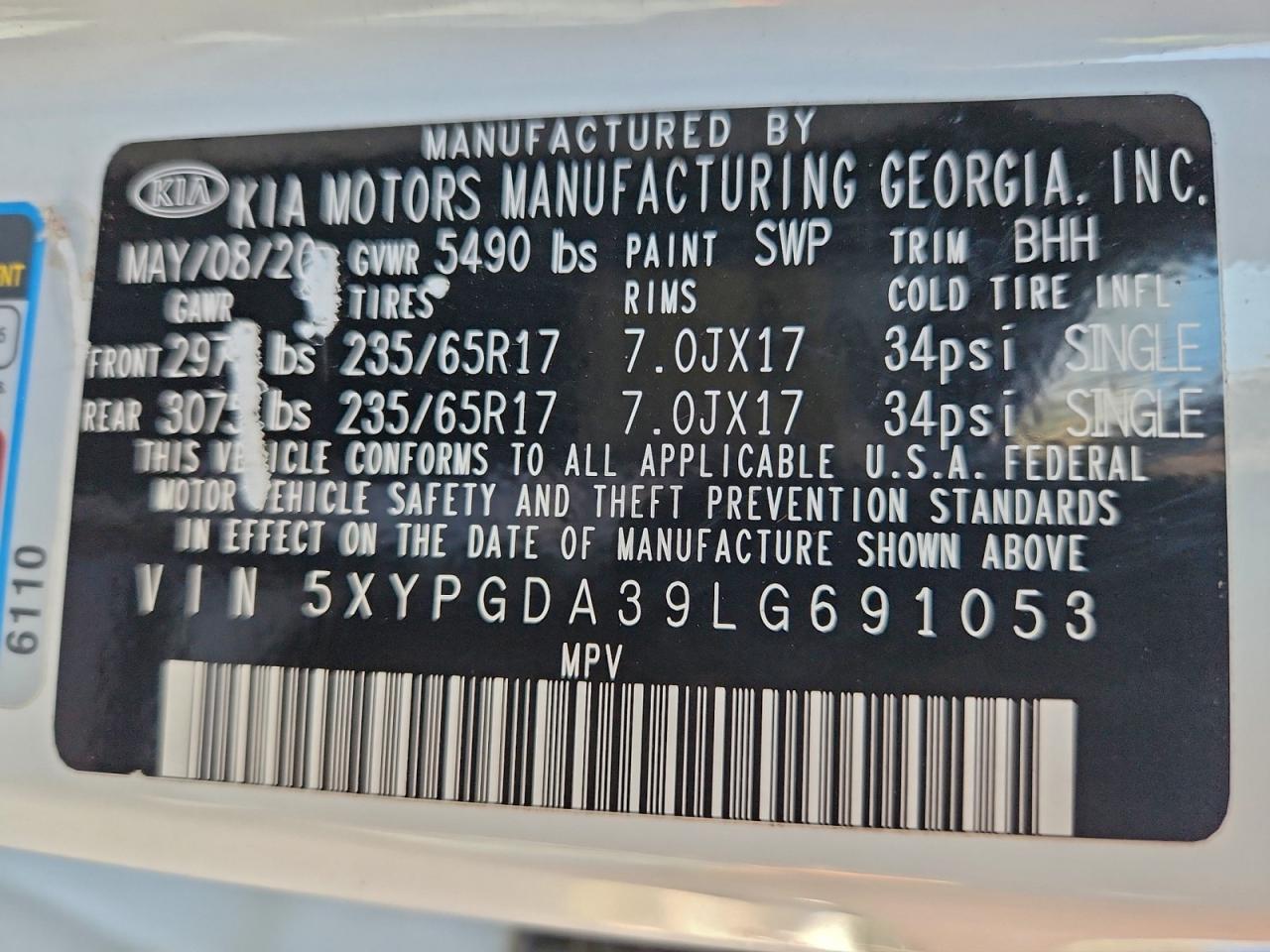 2020 Kia Sorento L VIN: 5XYPGDA39LG691053 Lot: 94642245