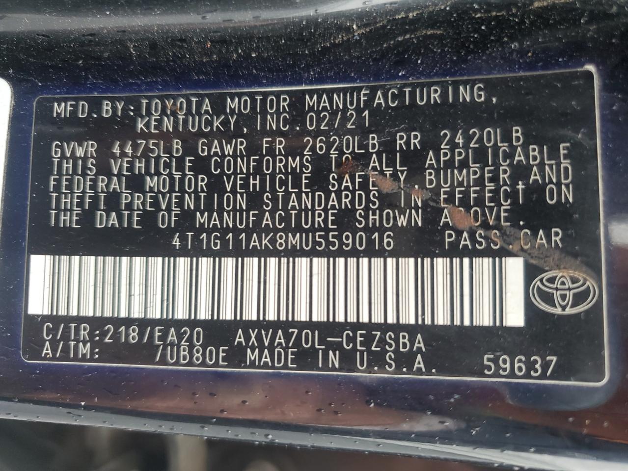 2021 Toyota Camry Se VIN: 4T1G11AK8MU559016 Lot: 92739425