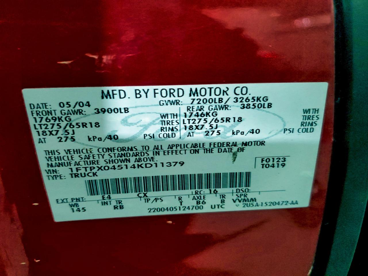 2004 Ford F150 VIN: 1FTPX04514KD11379 Lot: 93758105