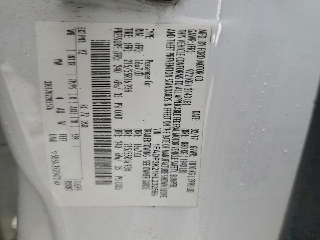 2017 Ford Focus Se VIN: 1FADP3K21HL232569 Lot: 94303965