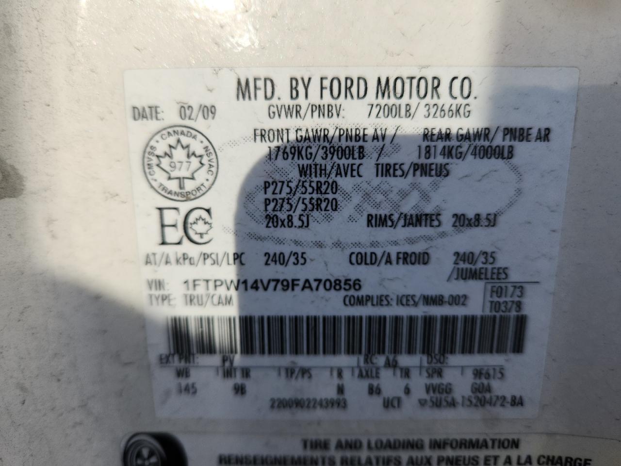 2009 Ford F150 Supercrew VIN: 1FTPW14V79FA70856 Lot: 92673195