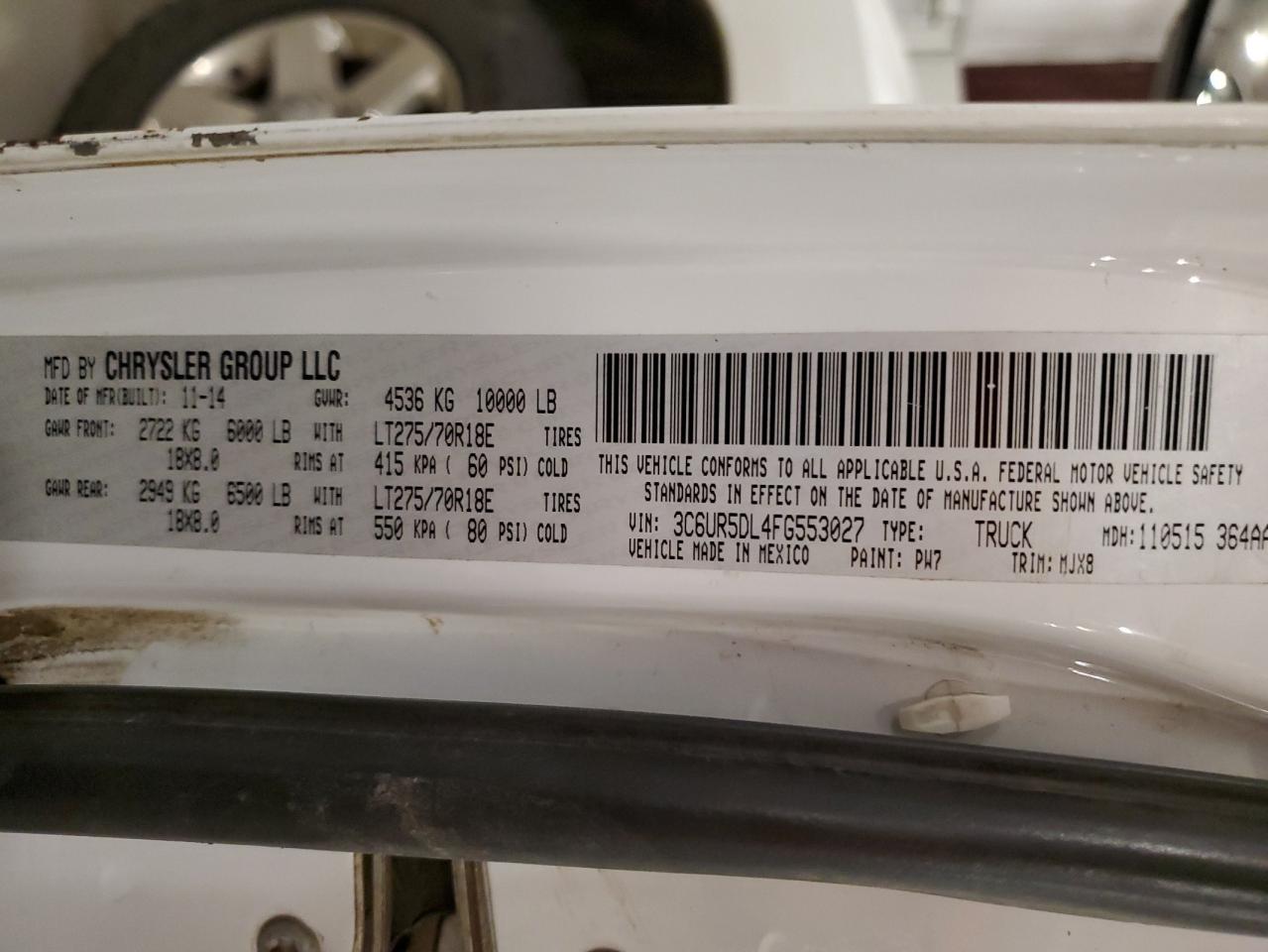 2015 Ram 2500 Slt VIN: 3C6UR5DL4FG553027 Lot: 92807145