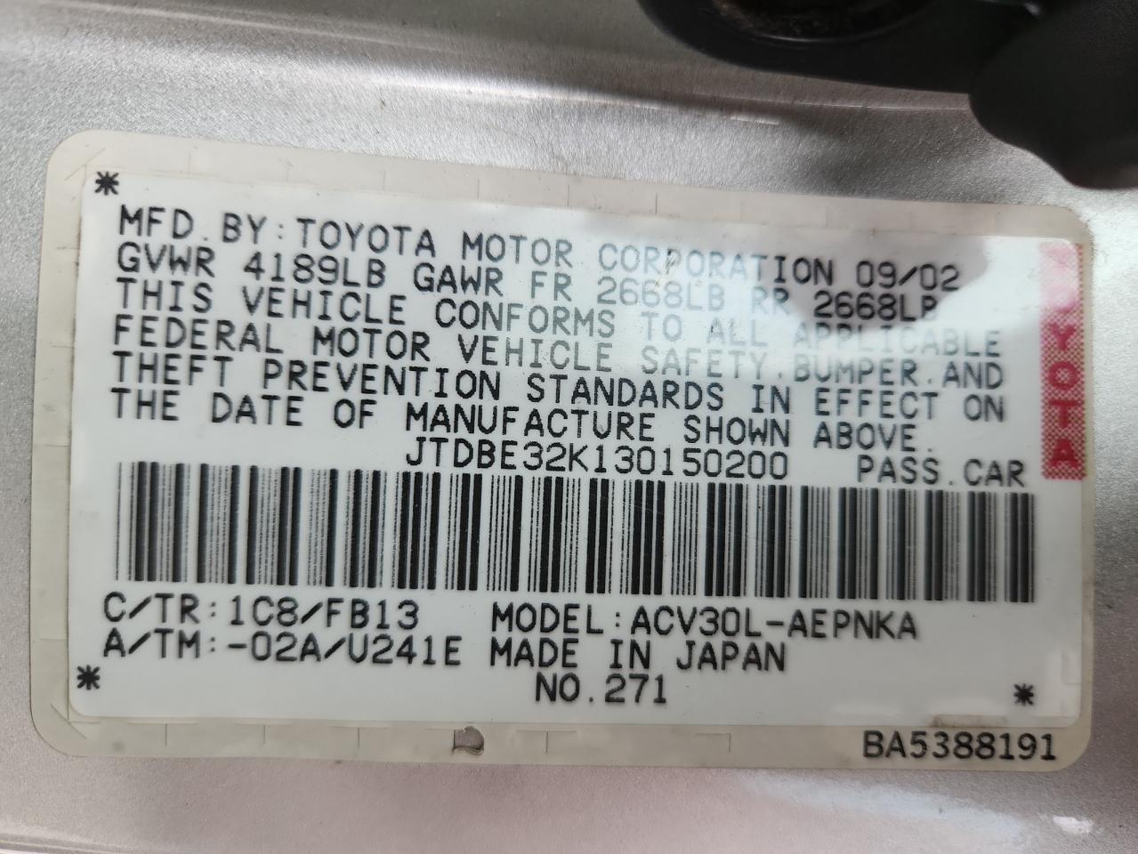 2003 Toyota Camry Le VIN: JTDBE32K130150200 Lot: 93899645