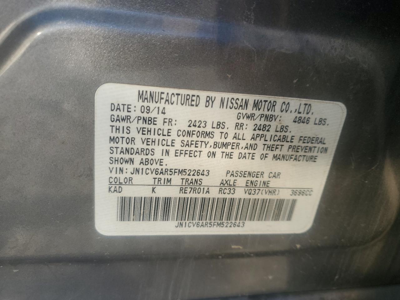 2015 Infiniti Q40 VIN: JN1CV6AR5FM522643 Lot: 91065635