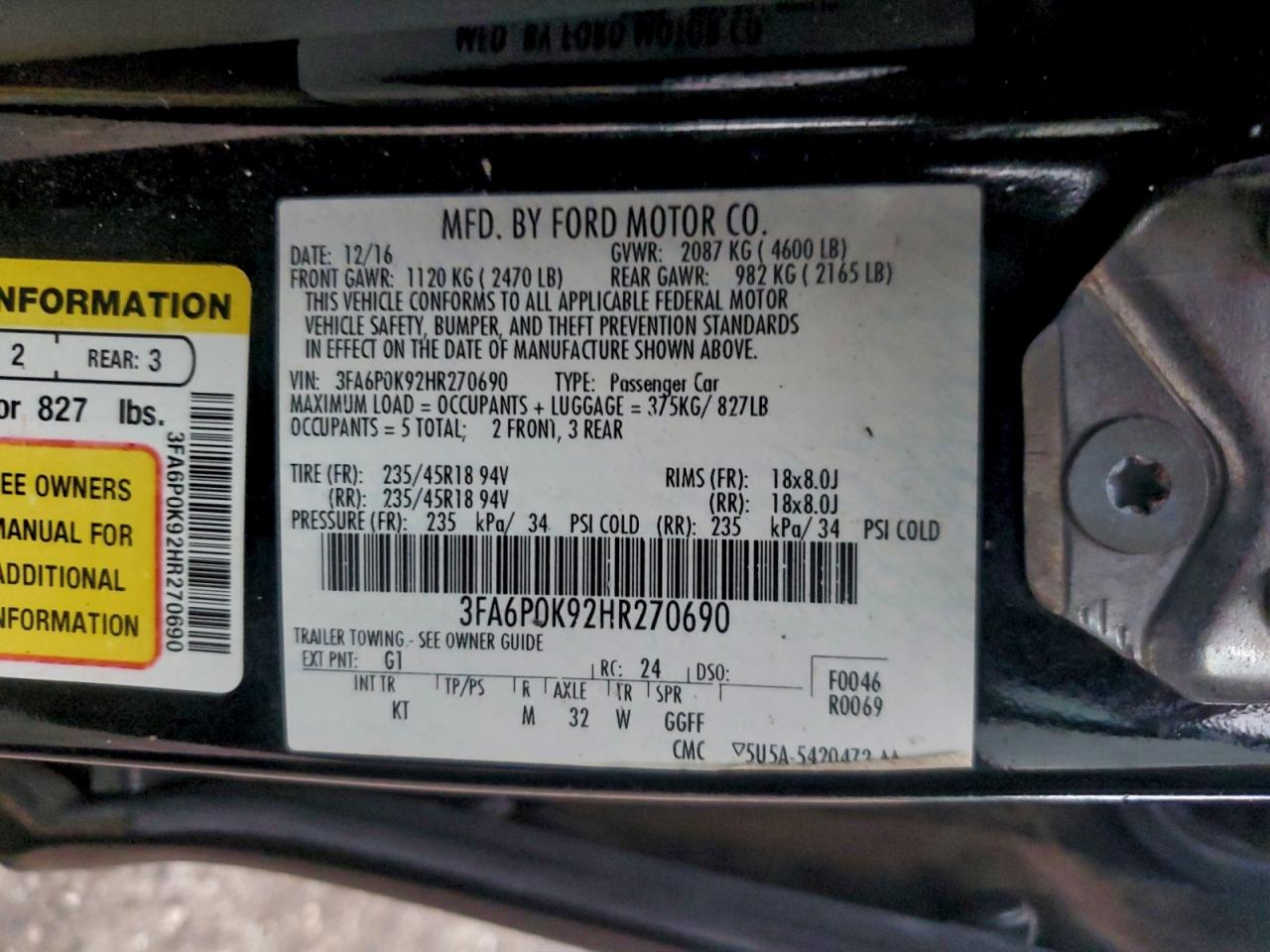 2017 Ford Fusion Titanium VIN: 3FA6P0K92HR270690 Lot: 94600135