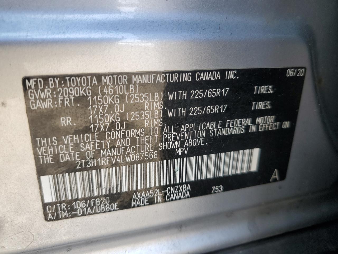 2020 Toyota Rav4 Le VIN: 2T3H1RFV4LW087568 Lot: 92122965