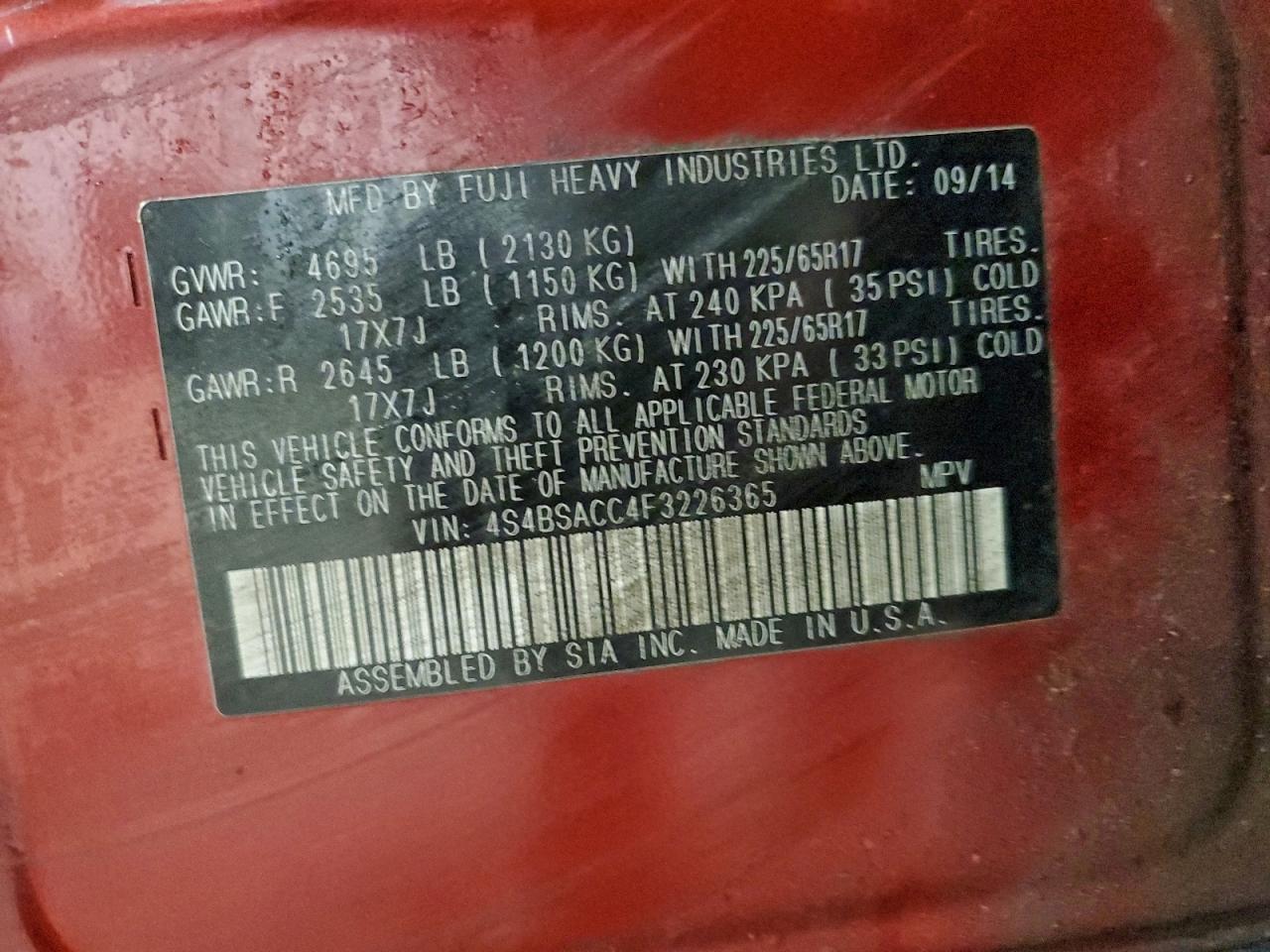 2015 Subaru Outback 2.5I Premium VIN: 4S4BSACC4F3226365 Lot: 94552885