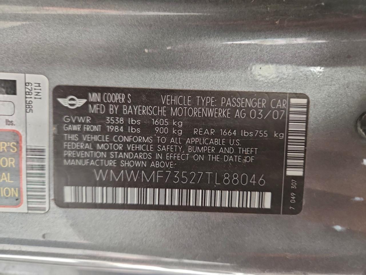 2007 Mini Cooper S VIN: WMWMF73527TL88046 Lot: 94630065