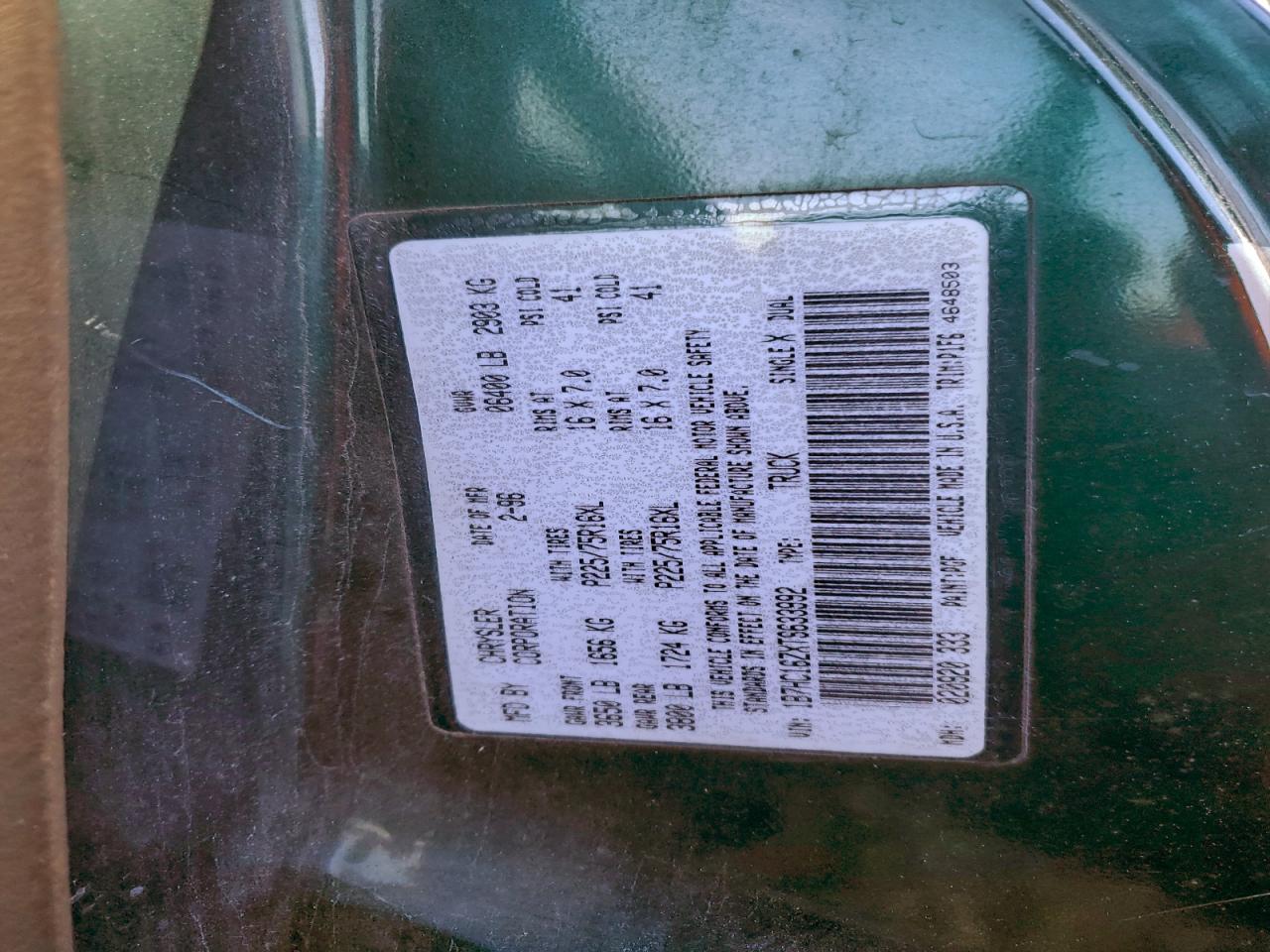 1996 Dodge Ram 1500 VIN: 1B7HC16ZXTS633992 Lot: 94183585