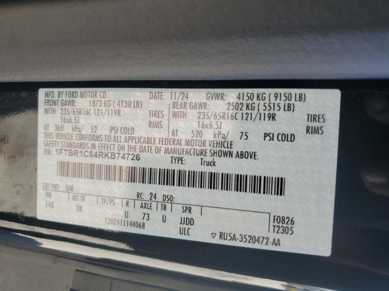 2024 Ford Transit Delivery Van VIN: 1FTBR1C84RKB74726 Lot: 92096655