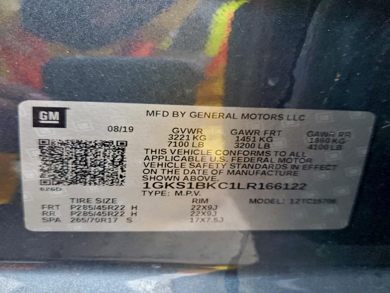 2020 GMC Yukon Slt VIN: 1GKS1BKC1LR166122 Lot: 93820885