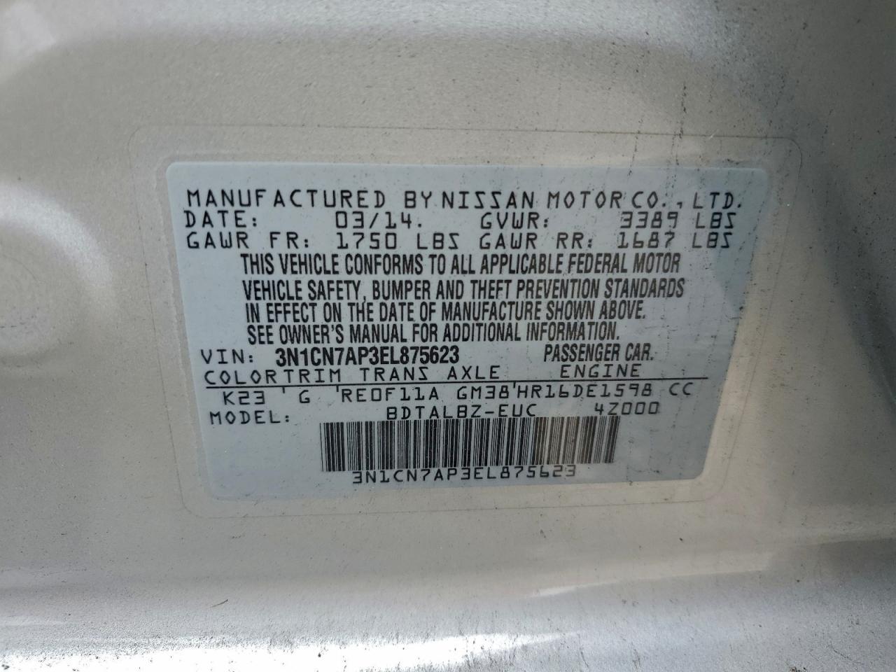 2014 Nissan Versa S VIN: 3N1CN7AP3EL875623 Lot: 94342355