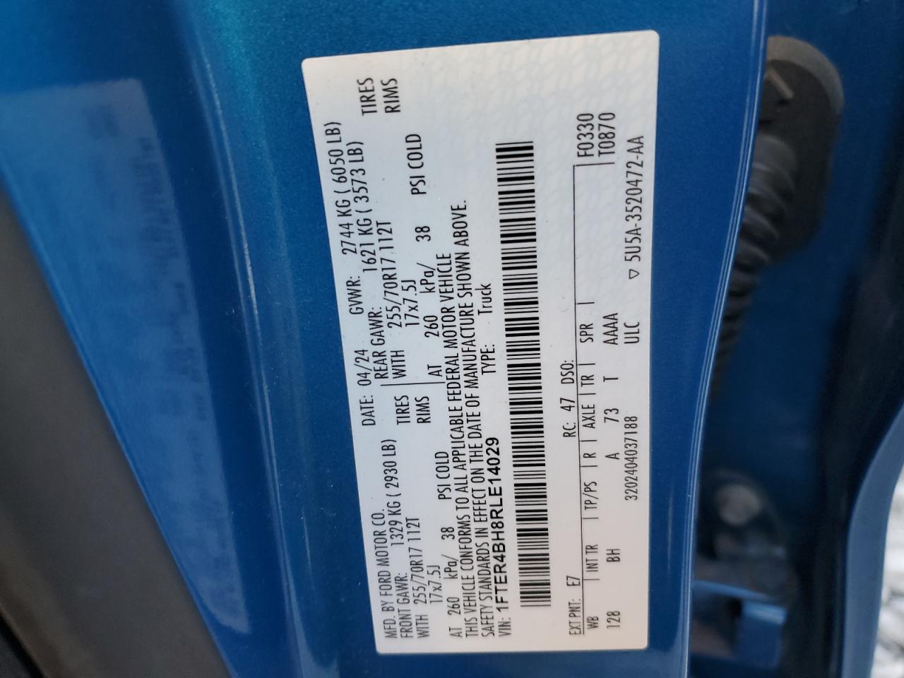 2024 Ford Ranger Xl VIN: 1FTER4BH8RLE14029 Lot: 92244535