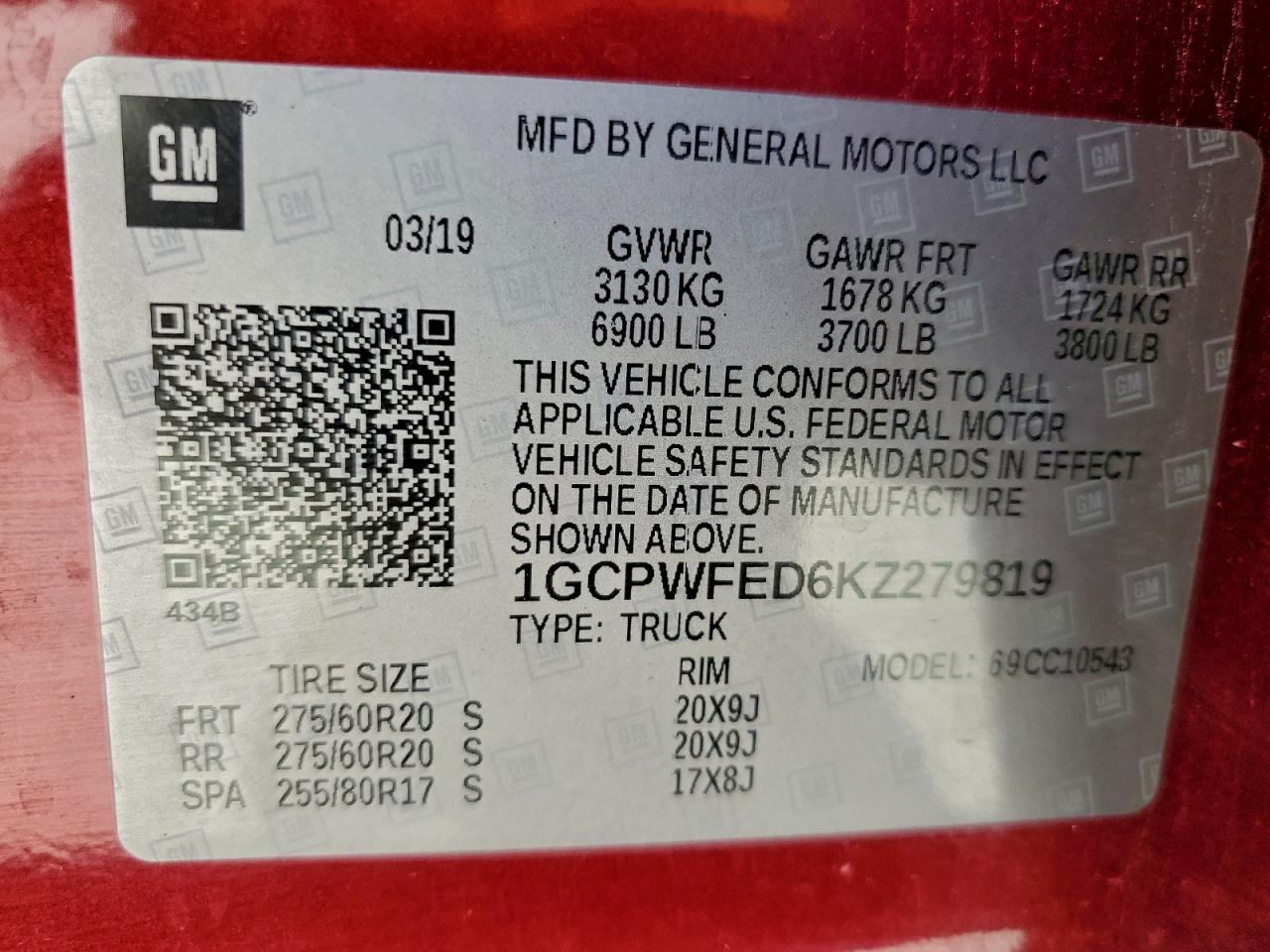 2019 Chevrolet Silverado C1500 High Country VIN: 1GCPWFED6KZ279819 Lot: 93516655