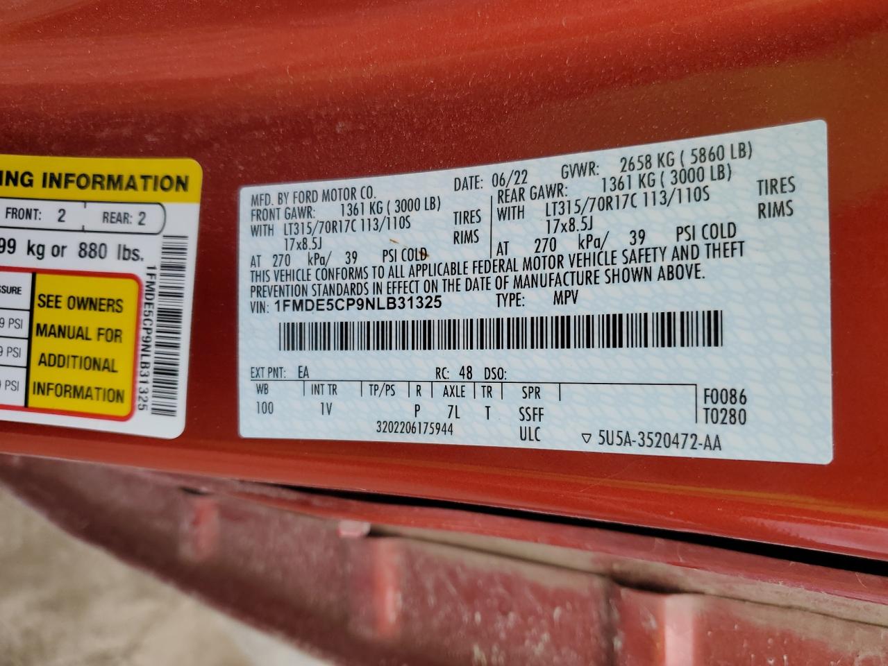 2022 Ford Bronco Base VIN: 1FMDE5CP9NLB31325 Lot: 91059055