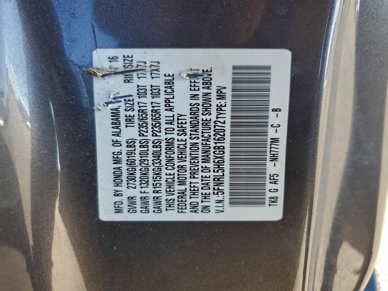 2016 Honda Odyssey Exl VIN: 5FNRL5H6XGB162072 Lot: 93532705