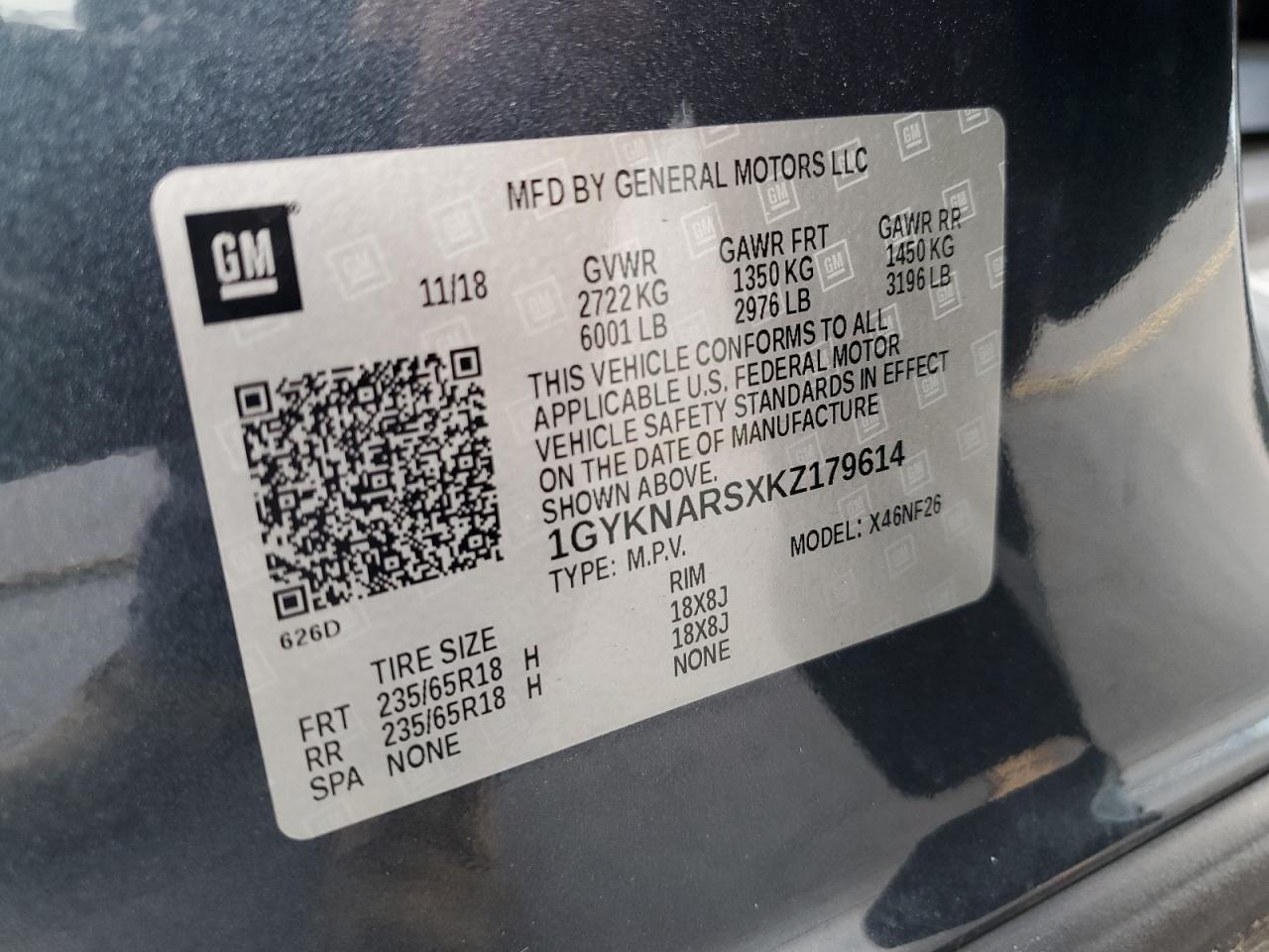 2019 Cadillac Xt5 VIN: 1GYKNARSXKZ179614 Lot: 92675765