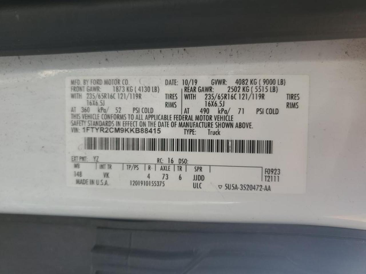 2019 Ford Transit Delivery Van VIN: 1FTYR2CM9KKB88415 Lot: 91466185