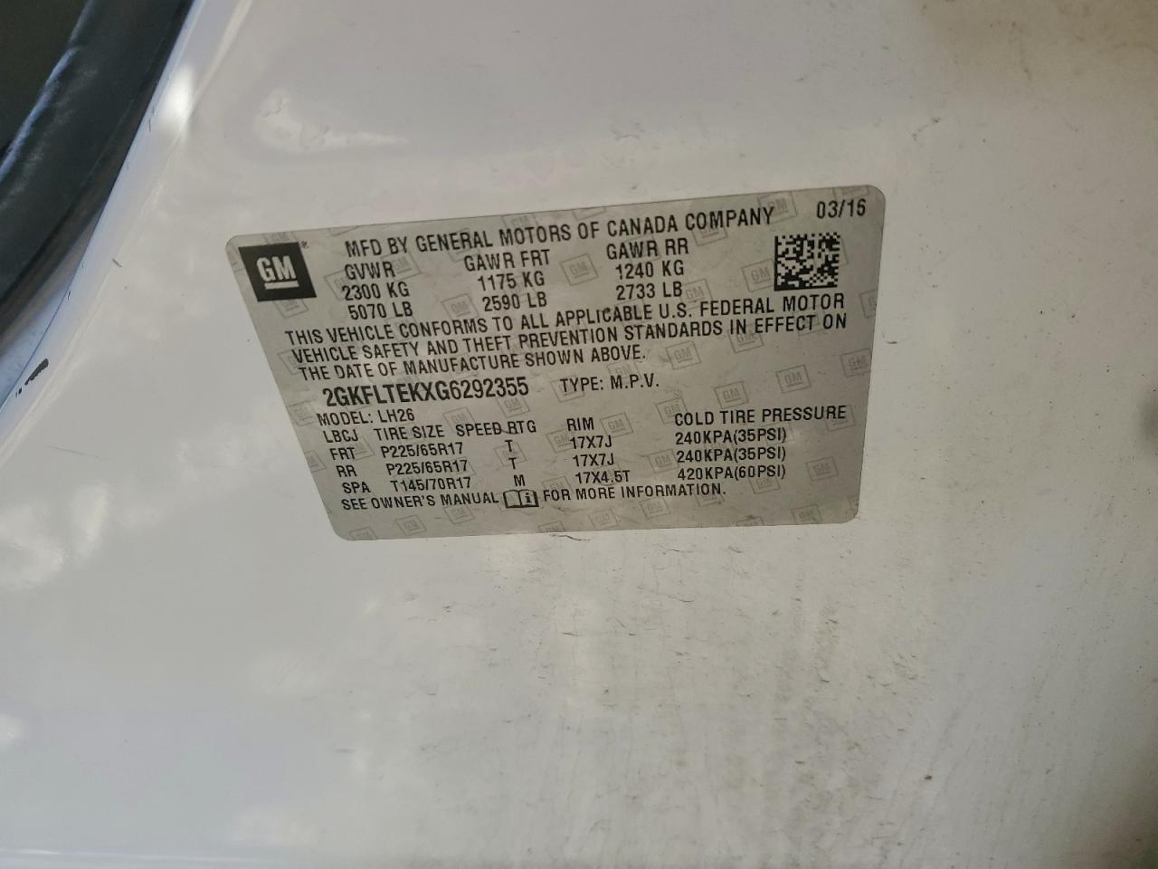 2016 GMC Terrain Sle VIN: 2GKFLTEKXG6292355 Lot: 91579045