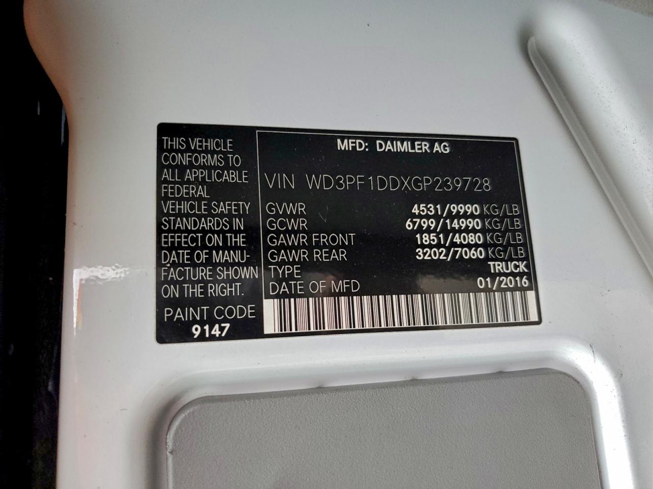 2016 Mercedes-Benz Sprinter 3500 VIN: WD3PF1DDXGP239728 Lot: 82329425