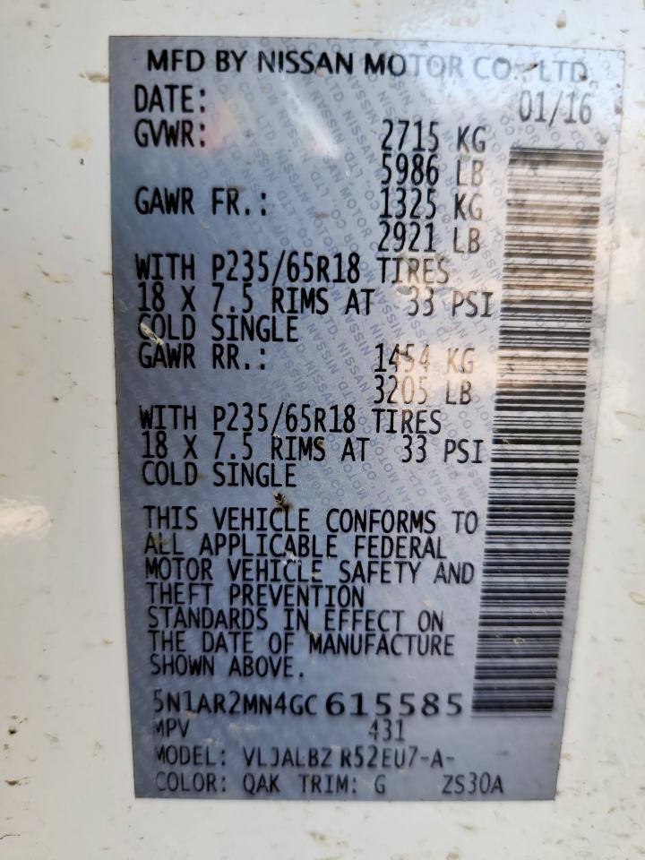 2016 Nissan Pathfinder S VIN: 5N1AR2MN4GC615585 Lot: 91377245