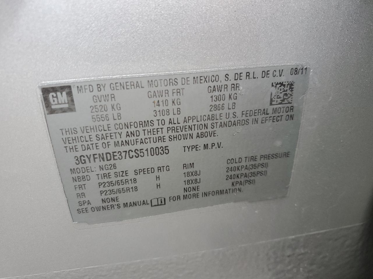 2012 Cadillac Srx Luxury Collection VIN: 3GYFNDE37CS510035 Lot: 91925925