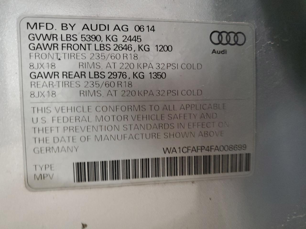 2015 Audi Q5 Premium VIN: WA1CFAFP4FA008699 Lot: 90907465