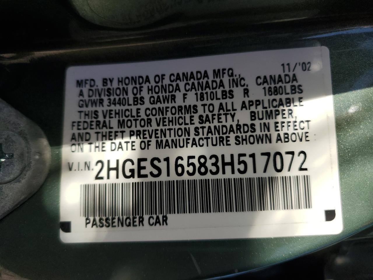 2003 Honda Civic Lx VIN: 2HGES16583H517072 Lot: 91049285