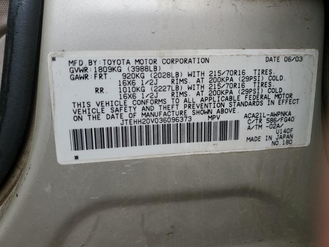 2003 Toyota Rav4 VIN: JTEHH20V036096373 Lot: 91497355