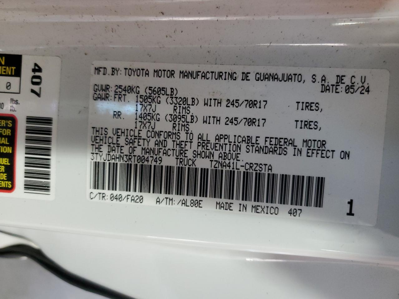 2024 Toyota Tacoma Xtracab VIN: 3TYJDAHN3RT004749 Lot: 91824545