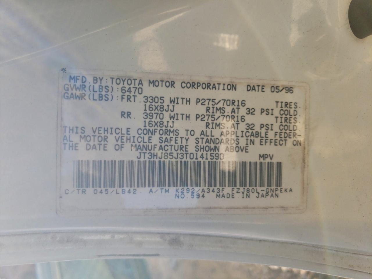 1996 Toyota Land Cruiser Hj85 VIN: JT3HJ85J3T0141590 Lot: 93085335