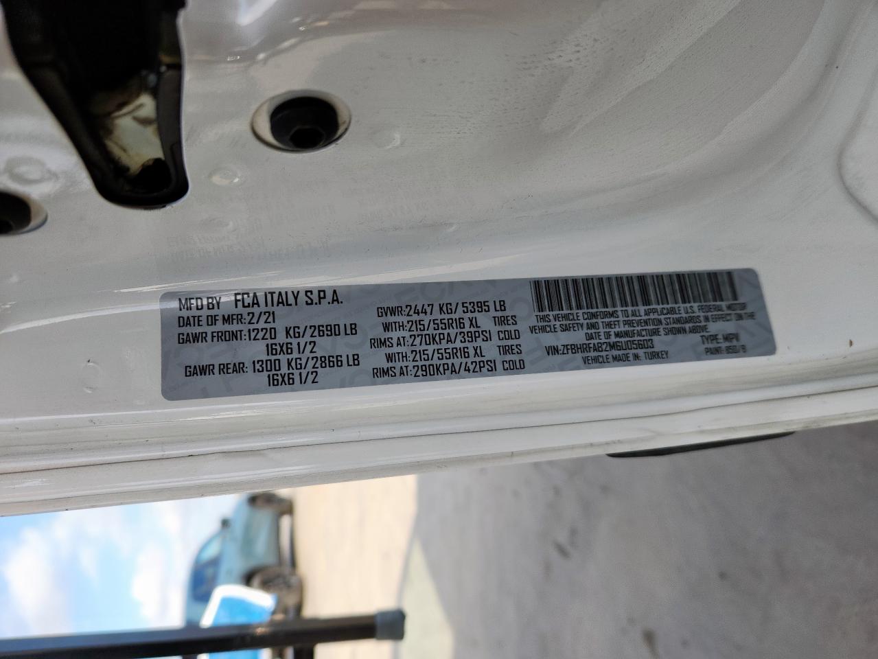 2021 Ram Promaster City VIN: ZFBHRFAB2M6U05603 Lot: 92885245