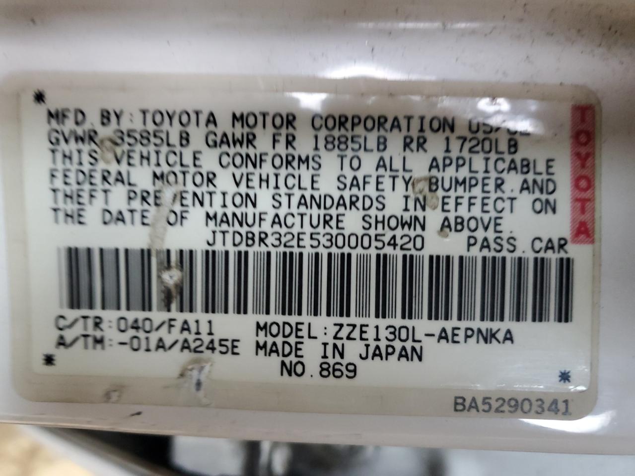 2003 Toyota Corolla Ce VIN: JTDBR32E530005420 Lot: 91184515