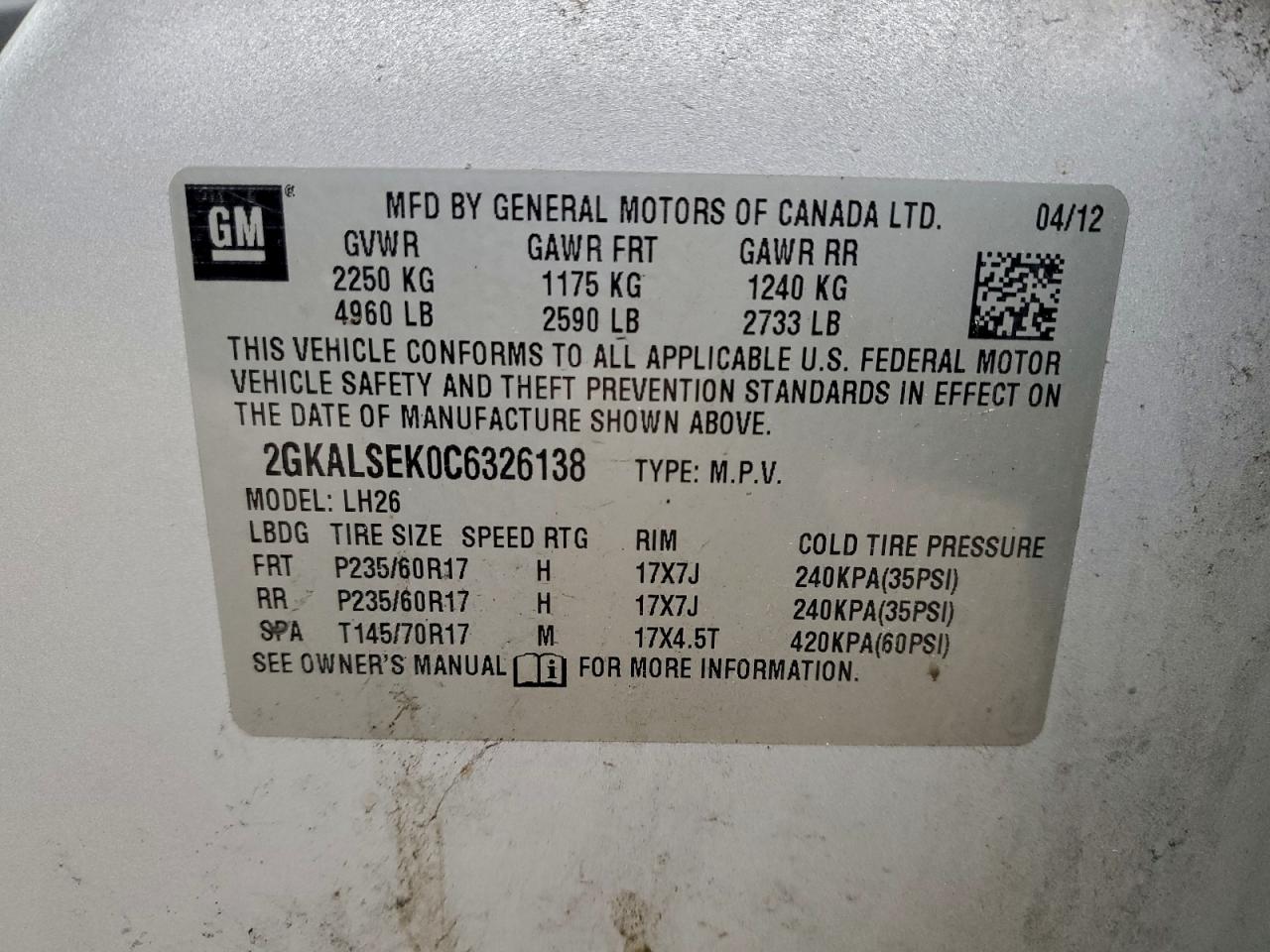 2012 GMC Terrain Sle VIN: 2GKALSEK0C6326138 Lot: 93899725