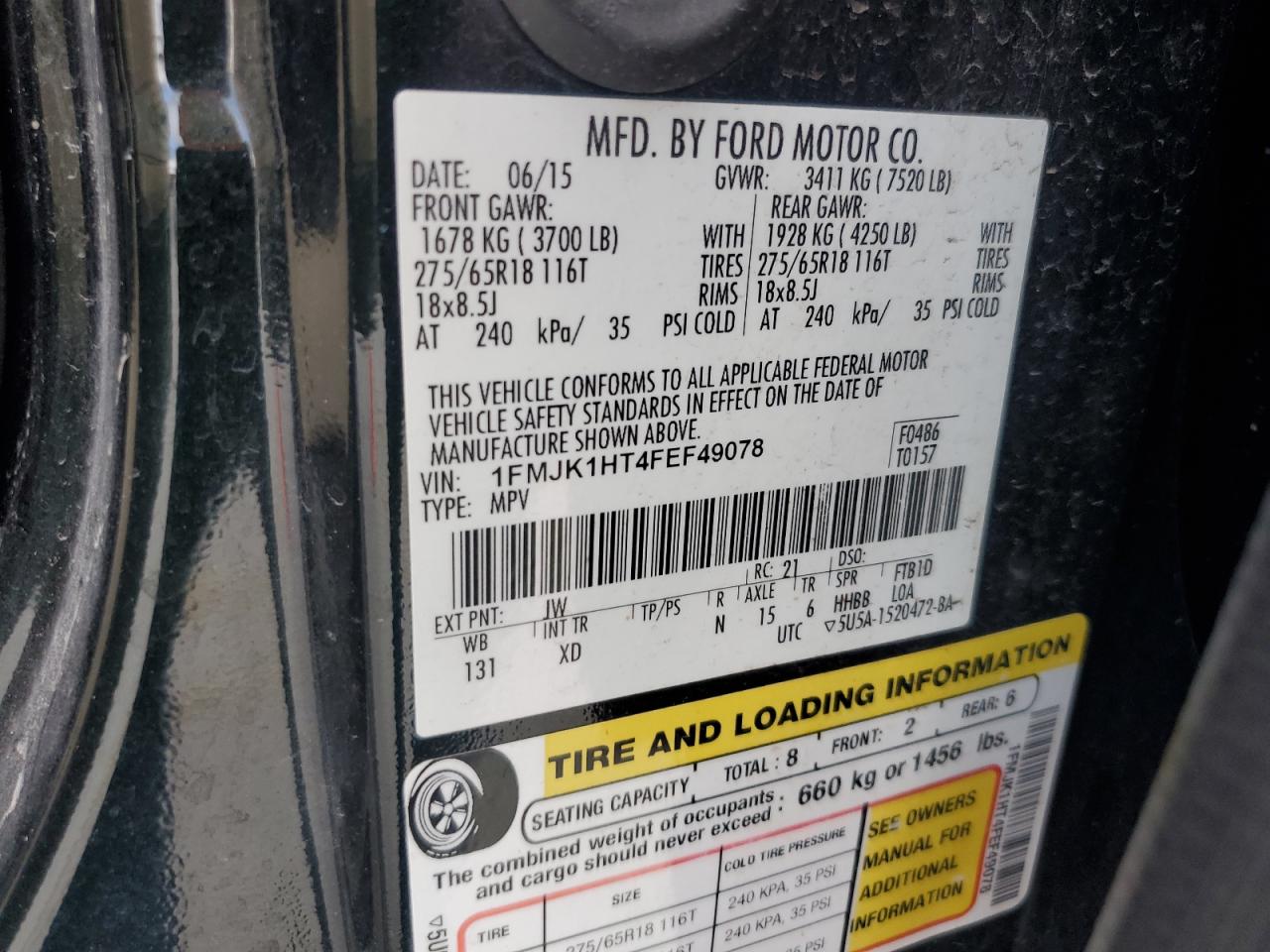 2015 Ford Expedition El Xlt VIN: 1FMJK1HT4FEF49078 Lot: 92951925