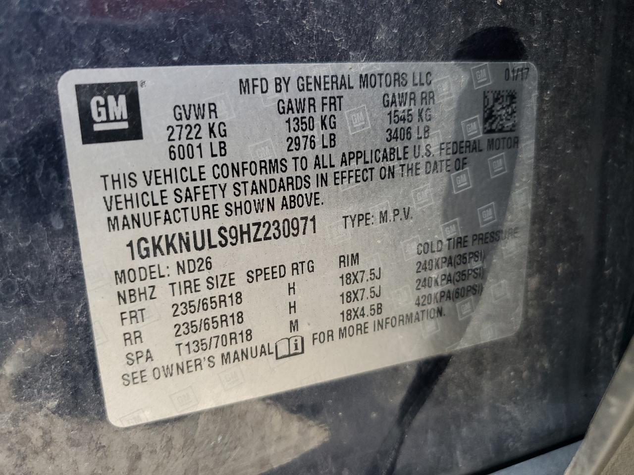 2017 GMC Acadia Slt-1 VIN: 1GKKNULS9HZ230971 Lot: 92210875