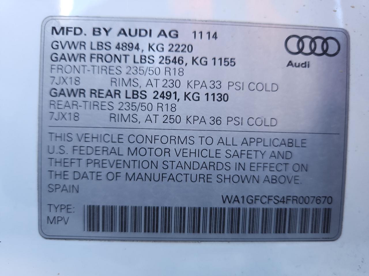 2015 Audi Q3 Prestige VIN: WA1GFCFS4FR007670 Lot: 93257775