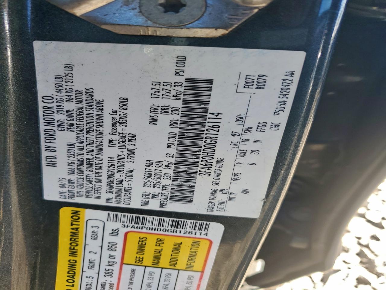 2016 Ford Fusion Se VIN: 3FA6P0HD0GR126114 Lot: 94029095