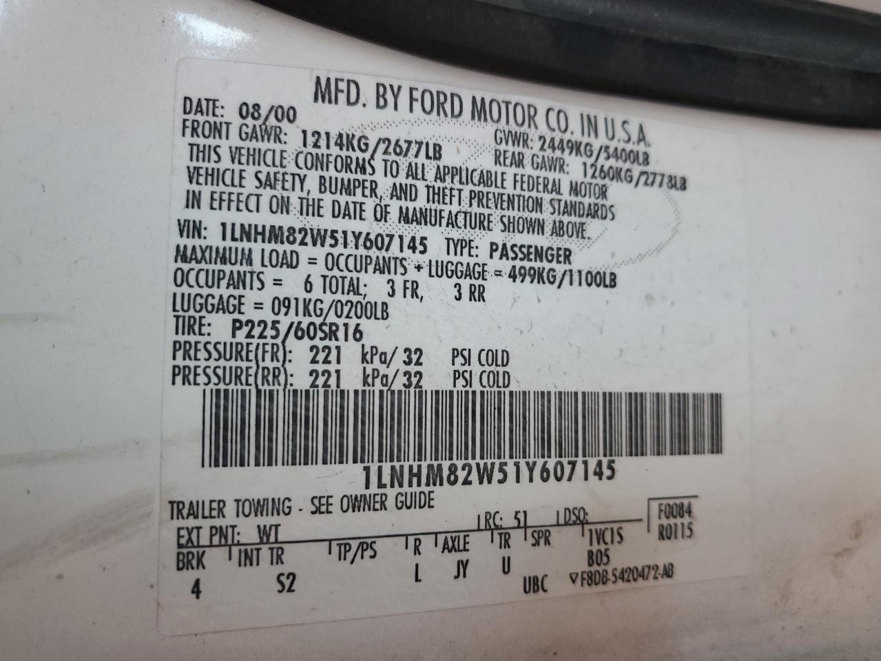 2001 Lincoln Town Car Signature VIN: 1LNHM82W51Y607145 Lot: 91359645