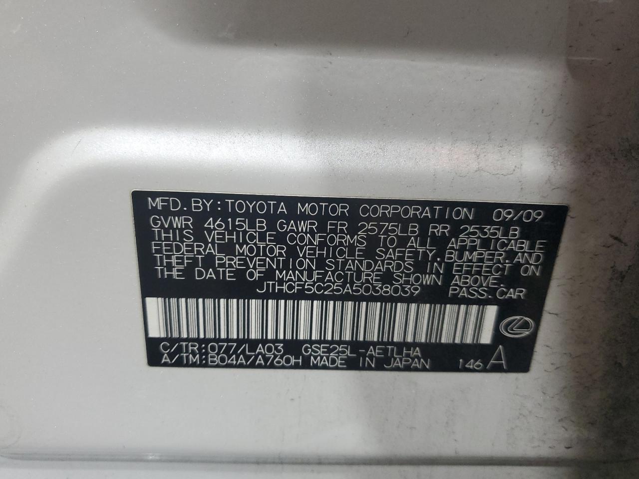 2010 Lexus Is 250 VIN: JTHCF5C25A5038039 Lot: 92106165