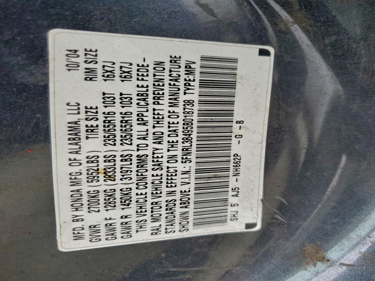 2005 Honda Odyssey Ex VIN: 5FNRL38495B018738 Lot: 93757035